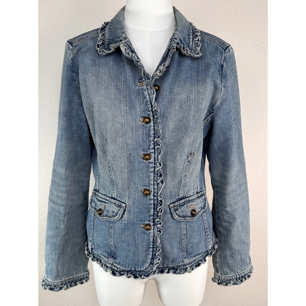 J. Jill Ruffle Denim Jacket Small‎ Blue Jean Blazer Lettuce Trim Cottagecore Y2K